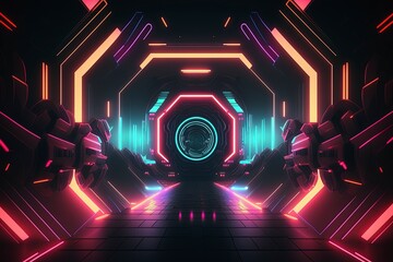 The technological cyberspace background of neon effect. AI technology generated image