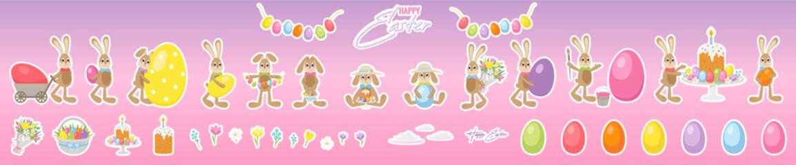 Easter Bunny cute cartoon character, color eggs, spring flowers, easter cake stickers. Vector illustration.