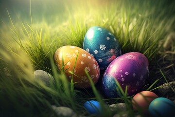 Easter eggs in the grass. AI technology generated image