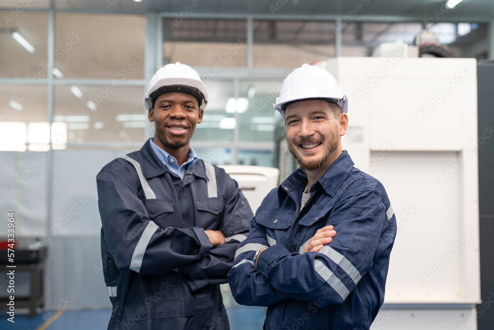 Wall mural portrait of two male engineers standing and arms crossed at factory. smiling technician wearing unif