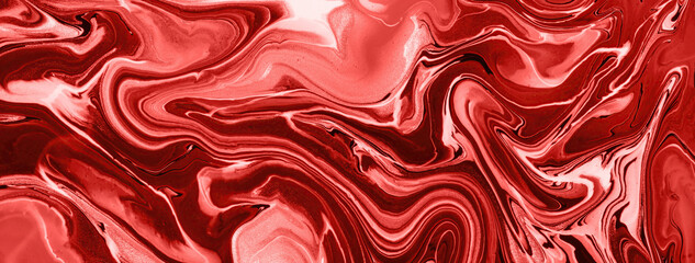 Abstract fluid art background bright red and ruby colors. Liquid marble. Acrylic painting on canvas...