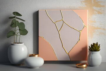 modern living room, minimalist texture painting on canvas kintsugi style, golden cracks