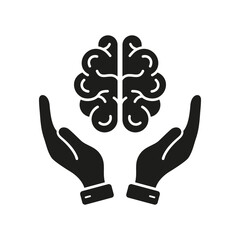 Obraz premium Human Brain in Areal View with Hands Silhouette Icon. Neurology, Psychology Pictogram. Education, Logic, Analysis, Memory, Mind Concept Glyph Icon. Isolated Vector Illustration