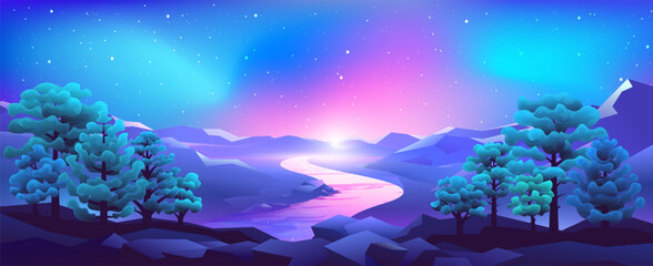 Vector color gradient widescreen landscape illustration. View of the mountains and the river against the background of the shining night sky.