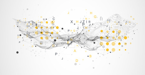 Abstract science background. Wireframe trendy fluid cover design with letters.