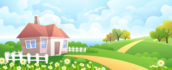 Vector landscape of rural house. Farm in the countryside among the hills. - obrazy, fototapety, plakaty
