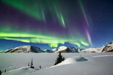 Night time aurora borealis over snowy mountain, 3D generation