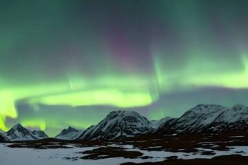 Fototapeta na wymiar Night time aurora borealis over snowy mountain, 3D generation