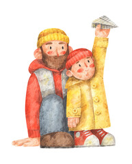 Father with son launch a paper plane. Watercolor illustration of happy man and boy. Father's Day greeting card