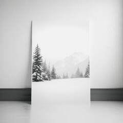 Wall poster mockup mountain of pine trees and snow AI generation.