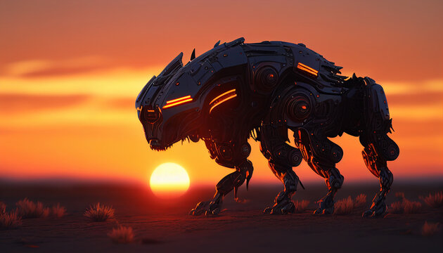 cinematic iron robot warrior dog with glowing neon eyes.Realistic futuristic machine artificial intelligence stands with its back .Ai generated