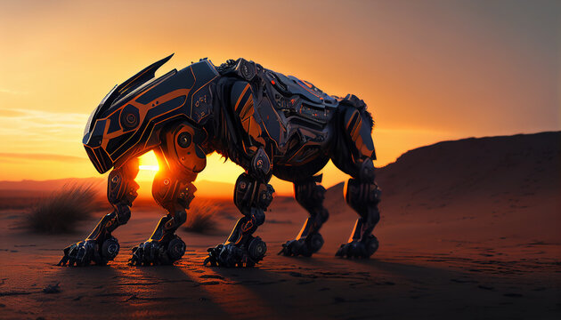 cinematic iron robot warrior dog with glowing neon eyes.Realistic futuristic machine artificial intelligence stands with its back .Ai generated