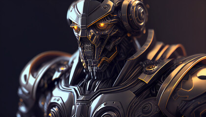 Fototapeta na wymiar cinematic iron robot warrior with glowing eyes.Realistic futuristic machine artificial intelligence .Ai generated