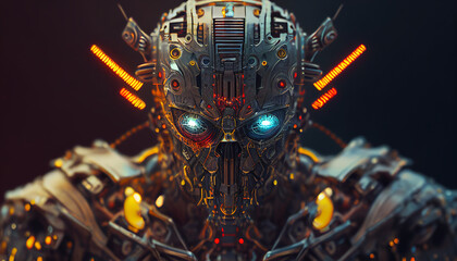 Obraz na płótnie Canvas cinematic iron robot warrior with glowing eyes.Realistic futuristic machine artificial intelligence .Ai generated
