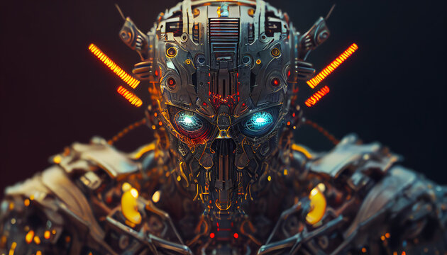 cinematic iron robot warrior with glowing eyes.Realistic futuristic machine artificial intelligence .Ai generated