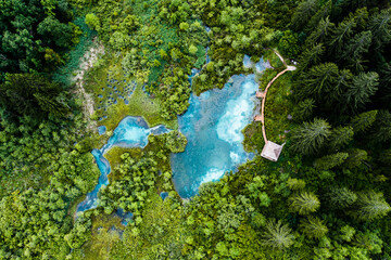 Aerial view of blue lakes with underground springs in forest area with wooden boardwalks
