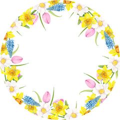 Naklejka na ściany i meble Watercolor Illustration Spring Frame With Muscari, Daffodils, Tulips, Leaves.