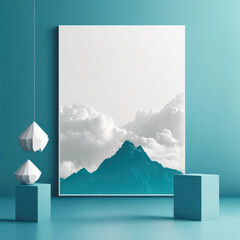 Wall poster mockup turquoise clouds and indigo mountains AI generation.