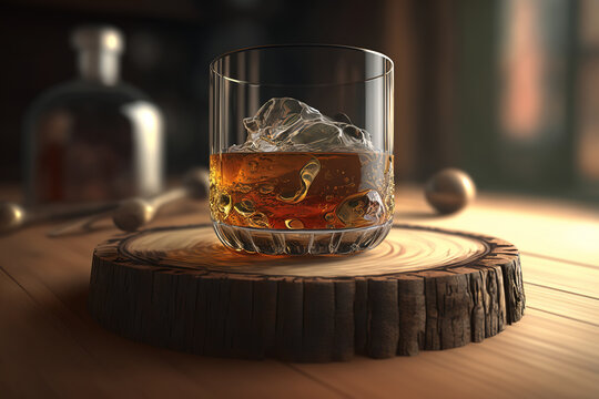 Glass of alcohol with ice standing on wooden podium on table, close-up. Luxury drink cognac or whiskey. Generative AI