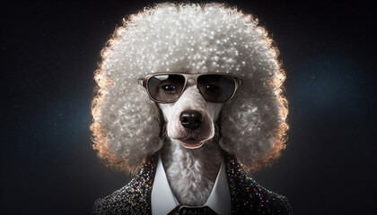 Portrait of a cute poodle in business suit and glasses on isolated background, brutal dog, new modern style screensaver. Generative AI - obrazy, fototapety, plakaty