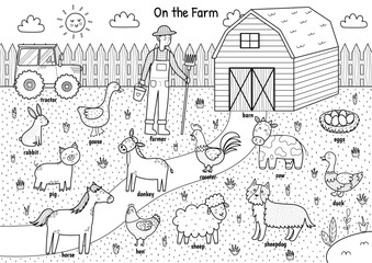On the farm black and white poster with cute animals and their names. Educational coloring page for kids. Set with cow, pig, sheep, horse, donkey, hen and other characters. Vector illustration