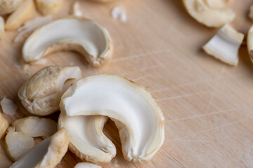 Fresh peeled cashew nuts on the table