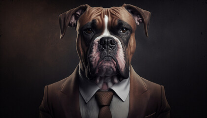 Portrait of a boxer in business suit on isolated background, brutal dog, new modern style screensaver.  Generative AI