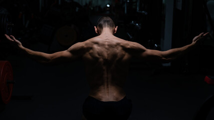 Back view of shirtless man with sculpted body in gym.