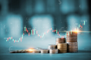 Financial information on country background, stacks of coins with charts graphs stock market background, ideas for finance Investment, business development concept and the world economy in the future.