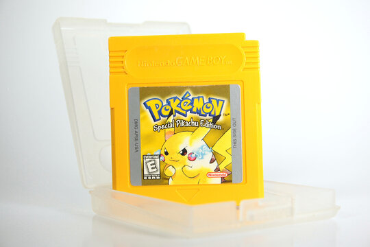New York, NY - October 9, 2021: Close-up of classic Nintendo Gameboy game cartridge, Pokemon Yellow version with Pikachu character picture