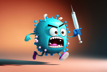 Generative AI illustration of scared cartoon coronavirus with syringe