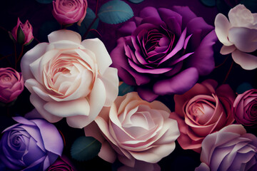 Close-up of colorful purple pink and white roses background. Generative AI.