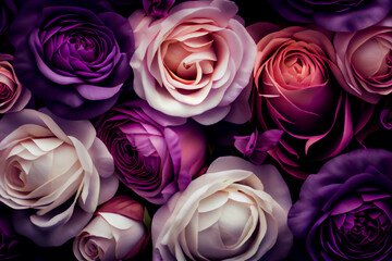 Fototapeta na wymiar Close-up of colorful purple pink and white roses background. Generative AI.