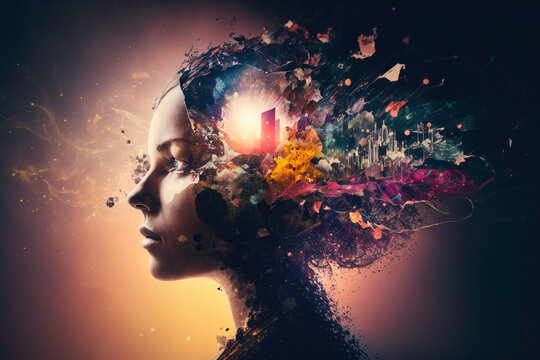 Abstract imagination collage, woman thoughtful and dreamy - Generative AI illustration