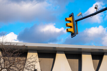 traffic light in a city in an area of modern office buildings