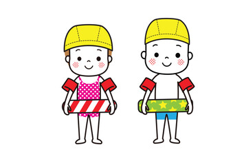 アームヘルパーと浮き輪を付けた水着姿の子どもたち　スイミングキャップ