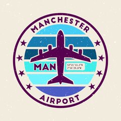 Manchester airport insignia. Round badge with vintage stripes, airplane shape, airport IATA code and GPS coordinates. Radiant vector illustration.