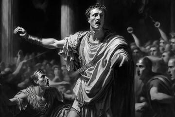 Julius Caesar assassination | Julius Caesar was attending a meeting in Rome, surrounded by members of the Roman Senate. Suddenly, one of senator, Gaius Cassius, drew his dagger and stabbed Caesar. Ai - obrazy, fototapety, plakaty