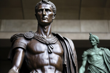 Julius Caesar assassination | Julius Caesar standing before magnificent statue ancient Rome. cast in gleaming bronze and standing tall on a grand pedestal. dressed in the regalia of Roman emperor. Ai - obrazy, fototapety, plakaty
