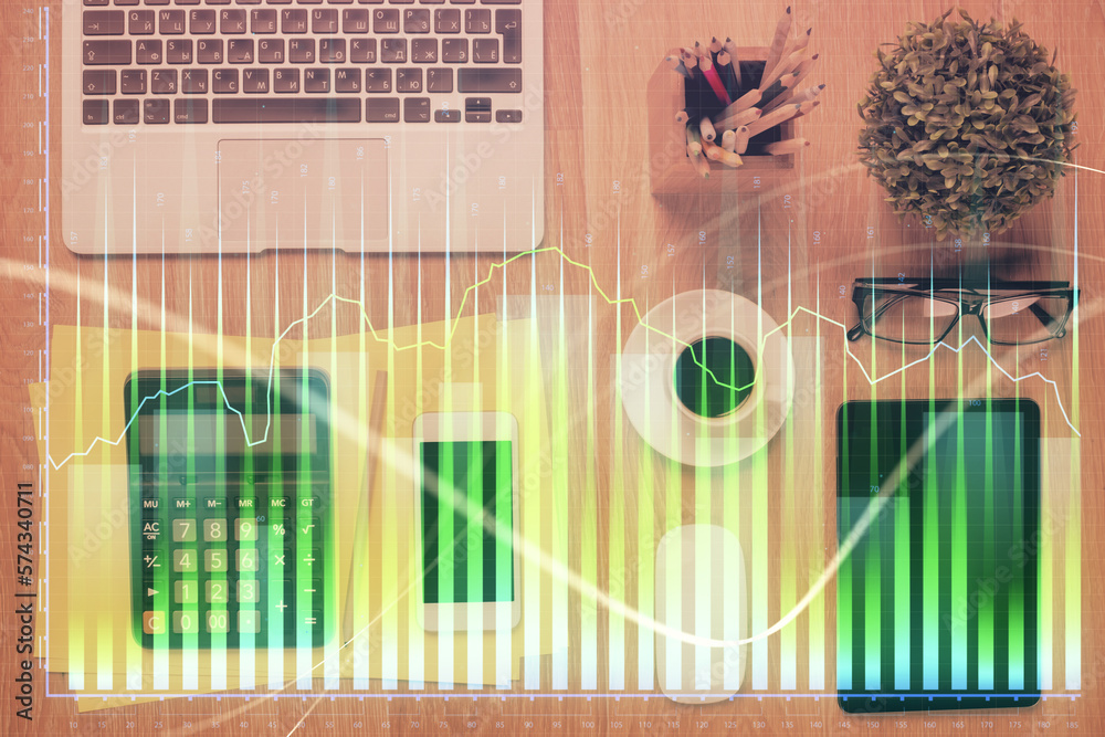 Poster double exposure of forex chart hologram over desktop with phone. top view. mobile trade platform con