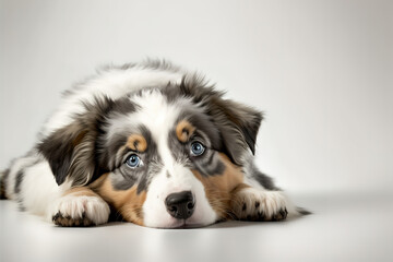 The studio portrait of the puppy dog Australian Shepherd lying on the white background, looking at the copy space