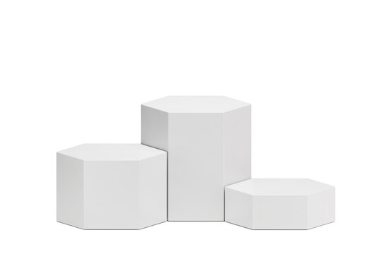 Monochrome background with png 3d geometric shapes, White hexagon blank podium on the studio floor for product presentation mock up. Abstract composition in minimal design display empty. 3D rendering