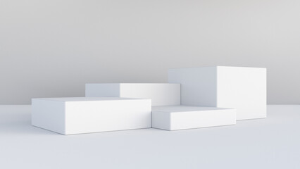 Four steps cube podium. White platform with empty space for display products. 3d render