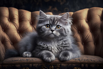 Portrait Beautiful little cat on a grey sofa photography made with Generative AI