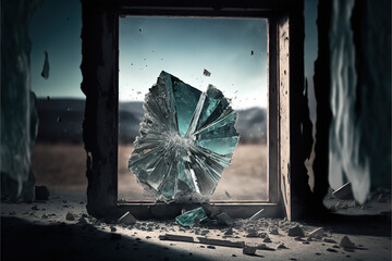 Thick broken glass of a window in an abandoned industrial zone.