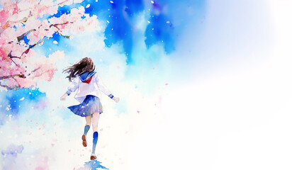 Plakat 桜と青空を背景にしたセーラー服の女の子の水彩イラスト／AI画像