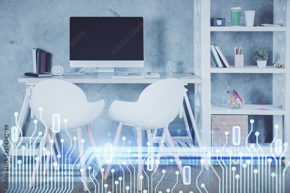 Poster multi exposure of data theme drawing and office interior background. concept of technology.