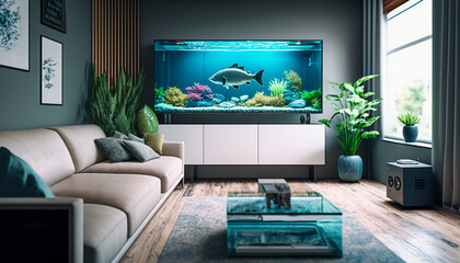 Modern Bright Living Room with a Large Aquarium, Zoom Video Conference Background, Generative AI