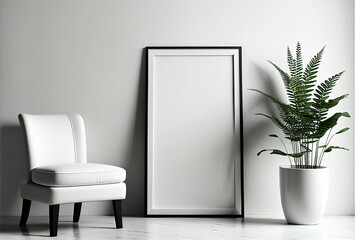 White room with armchair and green flowerpot. Sun light from window. Empty big frame with  place for text. Minimalism floral concept.scandinavian room interior. Generative Ai