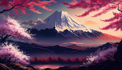 Beautiful view of Mount Fuji with cherry blossoms paint style. Ai generated